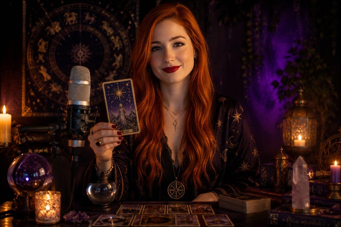 Lunara, a Guardiã das Cartas, em sua mesa de leitura de tarô